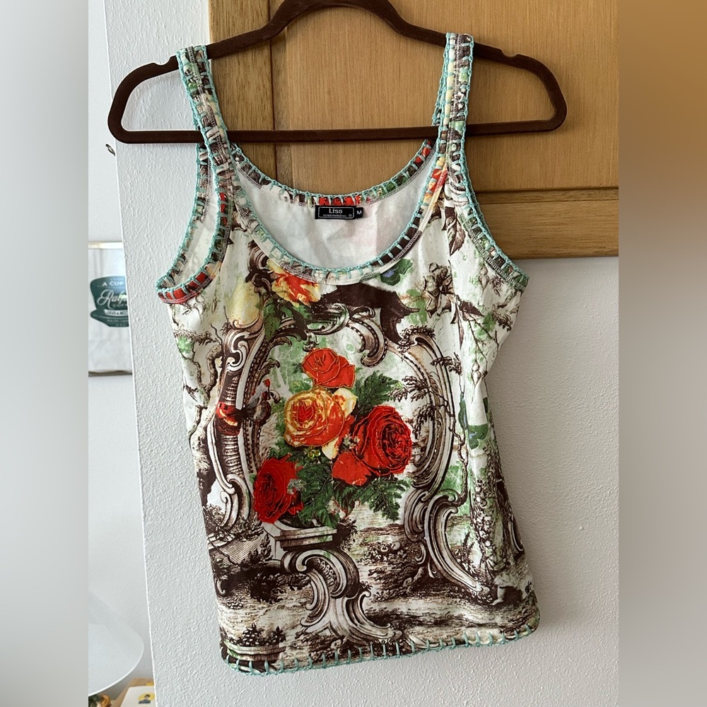 Vintage Y2K Lisa International Floral Tank Top with Beads and Embroidery